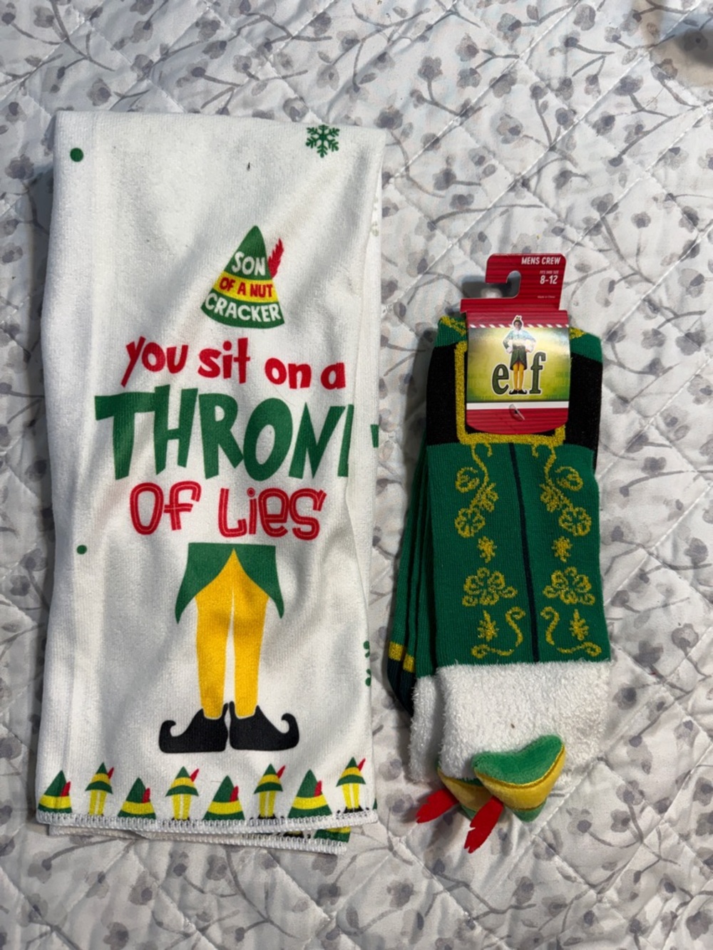 ELF Holiday Kitchen Towel and Green Novelty Socks